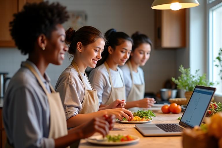 Estudiantes en clase de cocina interactiva